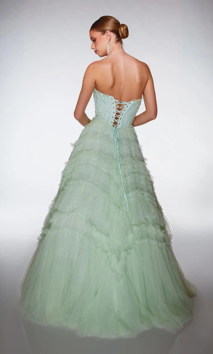 Elegant A-Line Strapless Beaded Tiered Mint Green Floor-Length Prom Gown