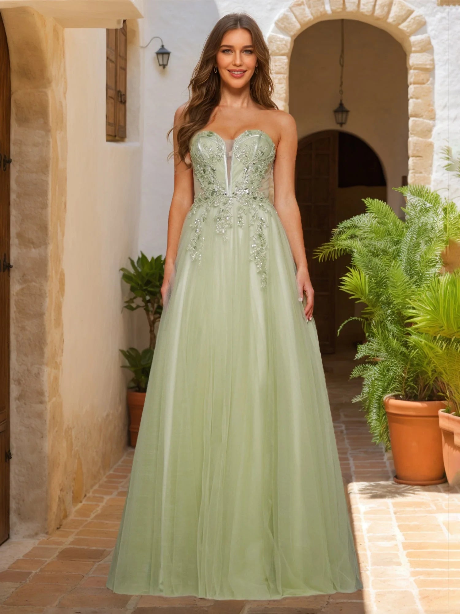 Elegant A-Line Strapless Beaded Tulle Sage Green Floor-Length Prom Dress for Women