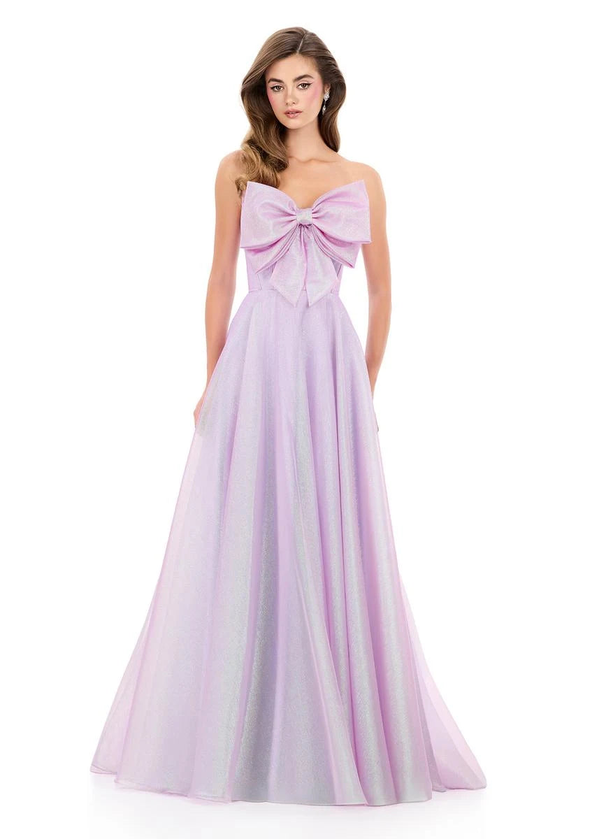 Elegant A-Line Strapless Bow-Front Shimmering Lavender Floor-Length Prom Gown