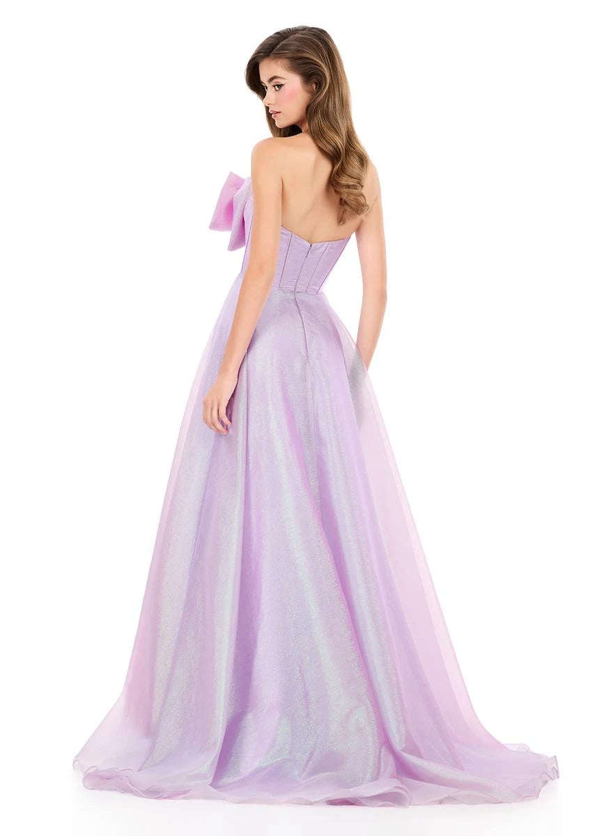 Elegant A-Line Strapless Bow-Front Shimmering Lavender Floor-Length Prom Gown