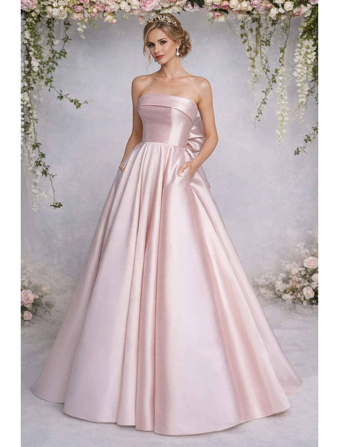Elegant A-Line Strapless Bow Back Blush Pink Floor-Length Prom Dresses Gown