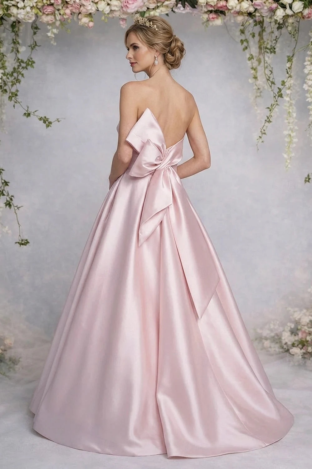 Elegant A-Line Strapless Bow Back Blush Pink Floor-Length Prom Dresses Gown