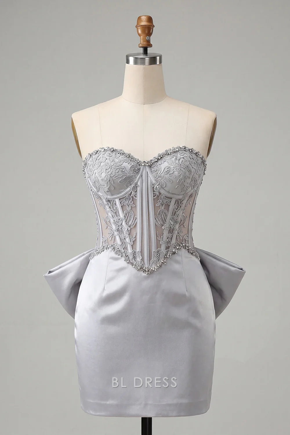 Elegant A-Line Strapless Corset Bodice Bow Back Silver Short Homecoming Dress Women's