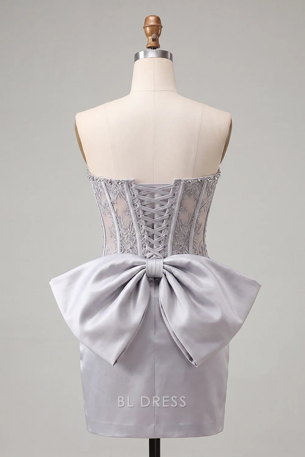 Elegant A-Line Strapless Corset Bodice Bow Back Silver Short Homecoming Dress Women's