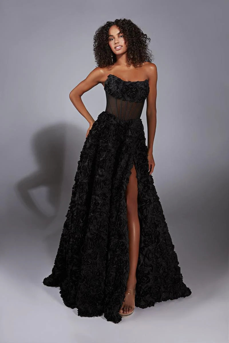 Elegant A-Line Strapless Corset Floral Black Floor-Length Prom Gown for Women