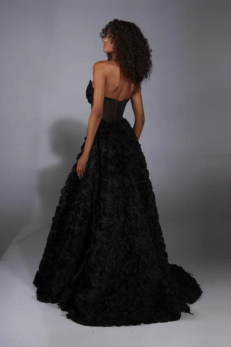 Elegant A-Line Strapless Corset Floral Black Floor-Length Prom Gown for Women