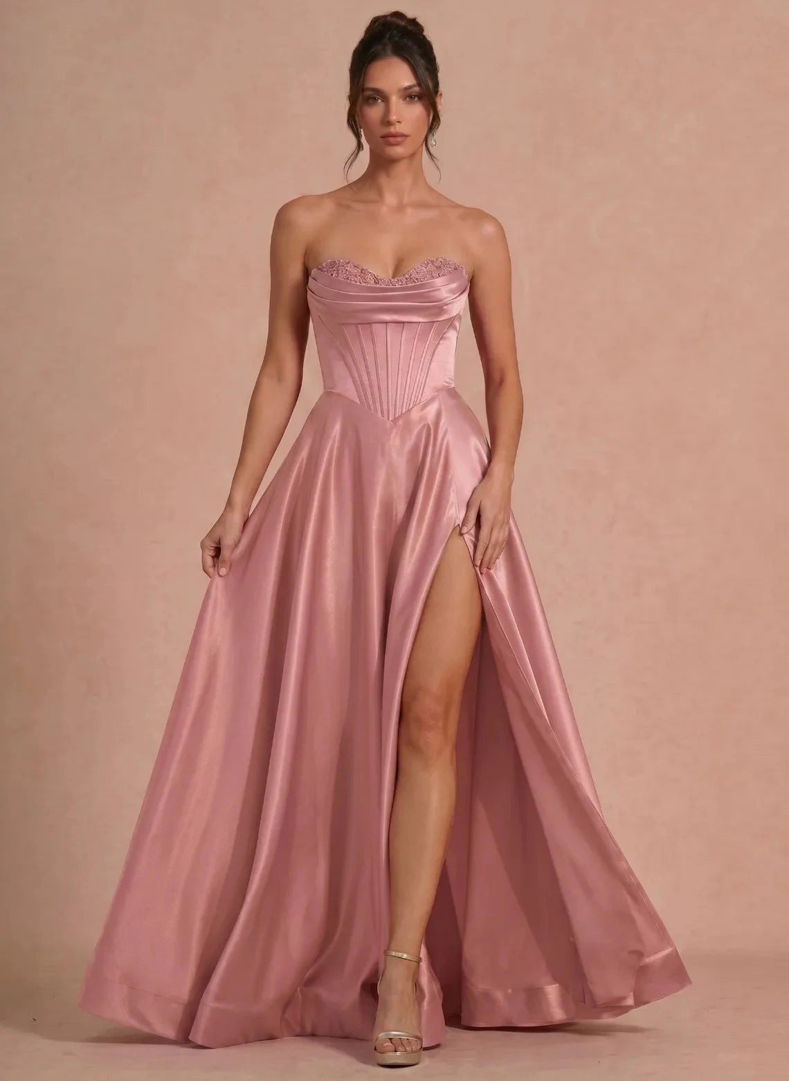 Elegant A-Line Strapless Corset High Slit Rose Pink Floor-Length Prom Dress Gown