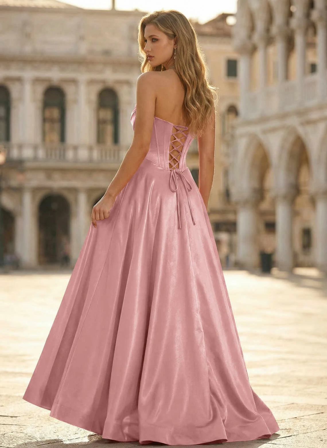 Elegant A-Line Strapless Corset High Slit Rose Pink Floor-Length Prom Dress Gown
