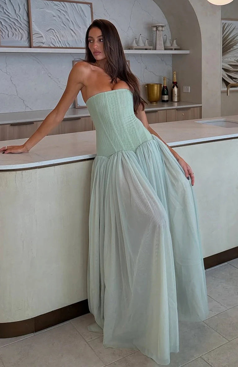 Elegant A-Line Strapless Corset Pleated Sage Green Floor-Length Prom Dress for Women
