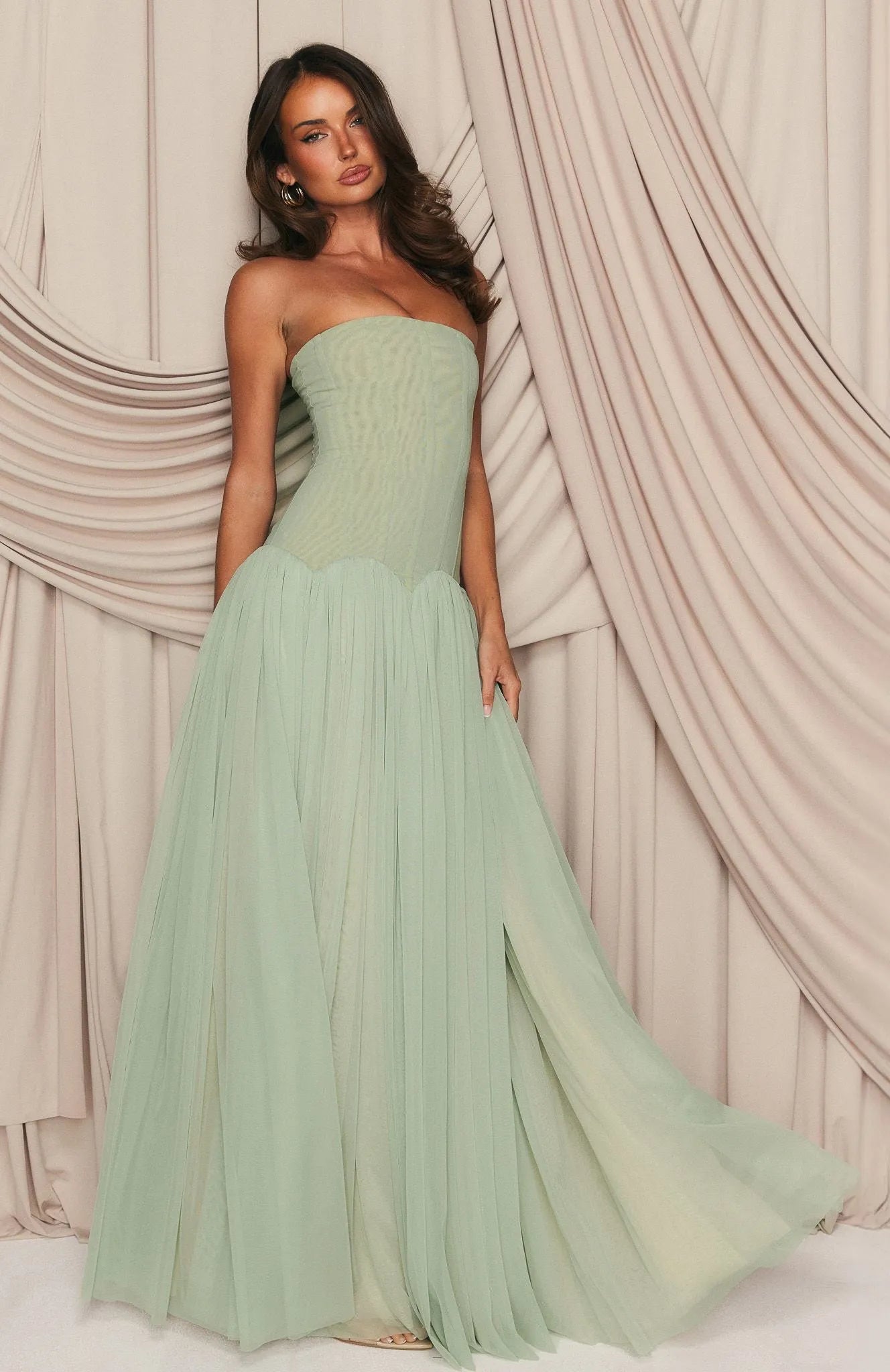 Elegant A-Line Strapless Corset Pleated Sage Green Floor-Length Prom Dress for Women