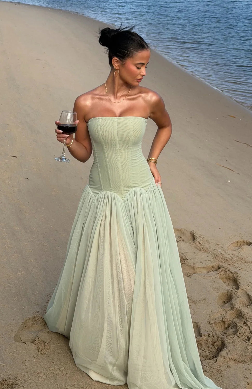 Elegant A-Line Strapless Corset Pleated Sage Green Floor-Length Prom Dress for Women