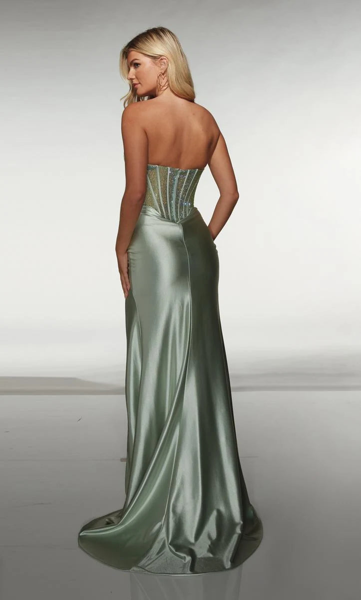 Elegant A-Line Strapless Corset Sparkly Sage Green Floor-Length Prom Dress Gown