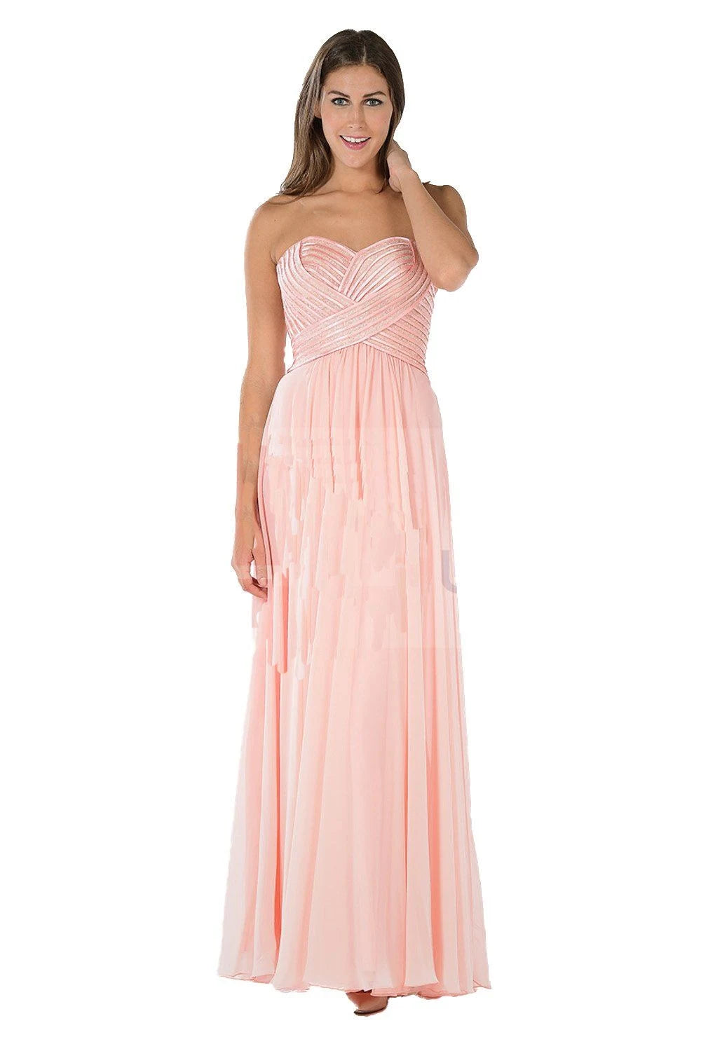 Elegant A-Line Strapless Criss-Cross Pleated Blush Pink Floor-Length Prom Dress