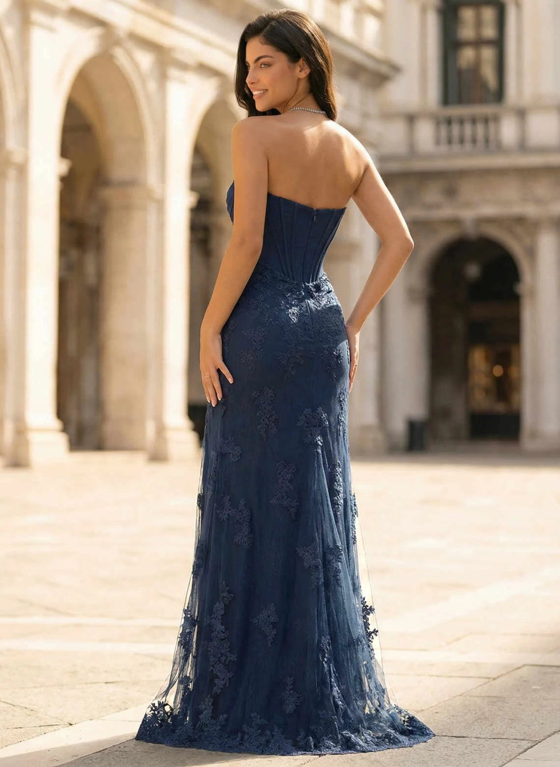 Elegant A-Line Strapless Embellished High Slit Navy Floor-Length Prom Gown