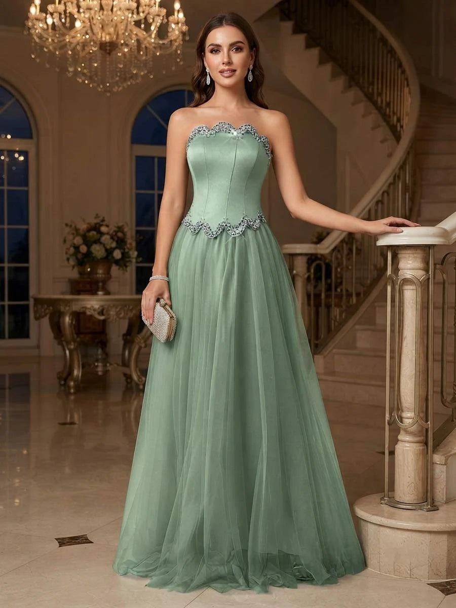 Elegant A-Line Strapless Embellished Sage Green Floor-Length Prom Gown