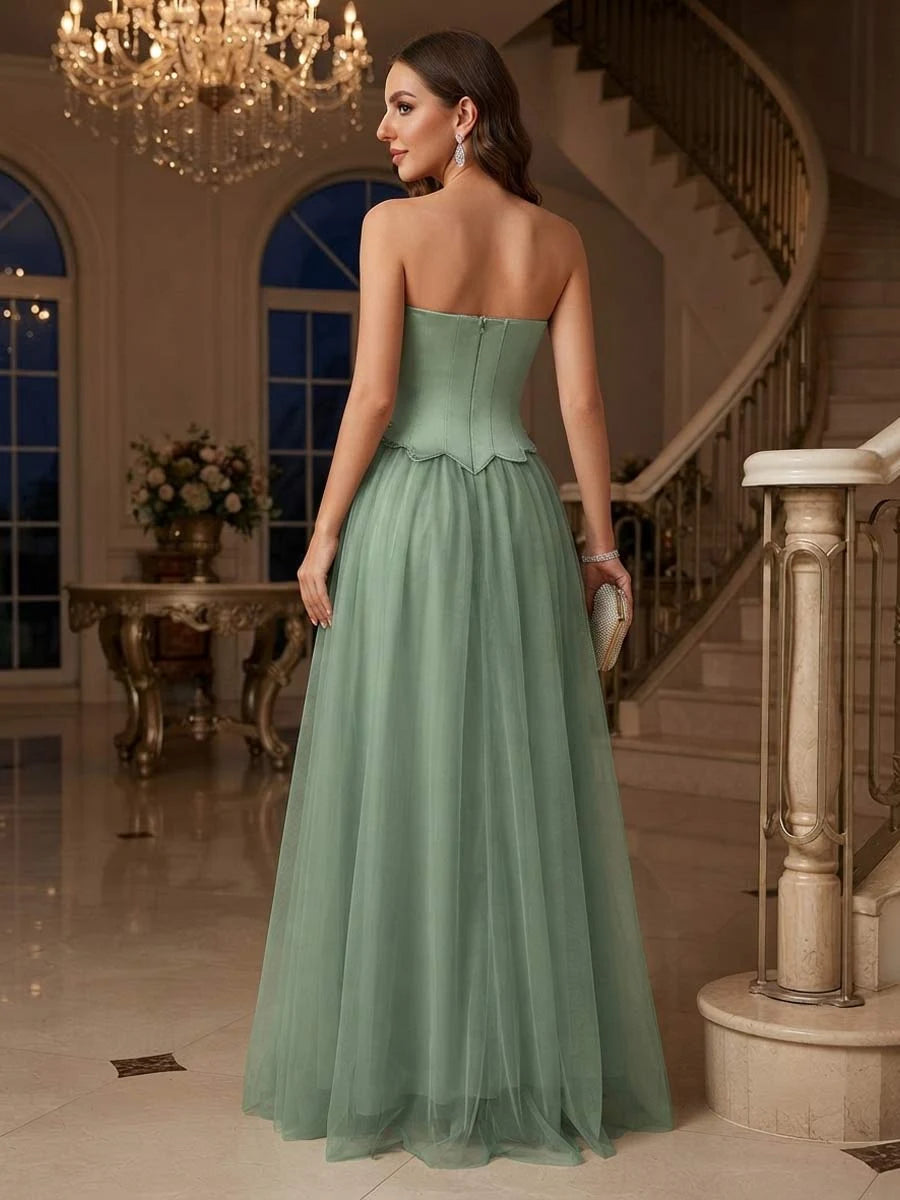 Elegant A-Line Strapless Embellished Sage Green Floor-Length Prom Gown