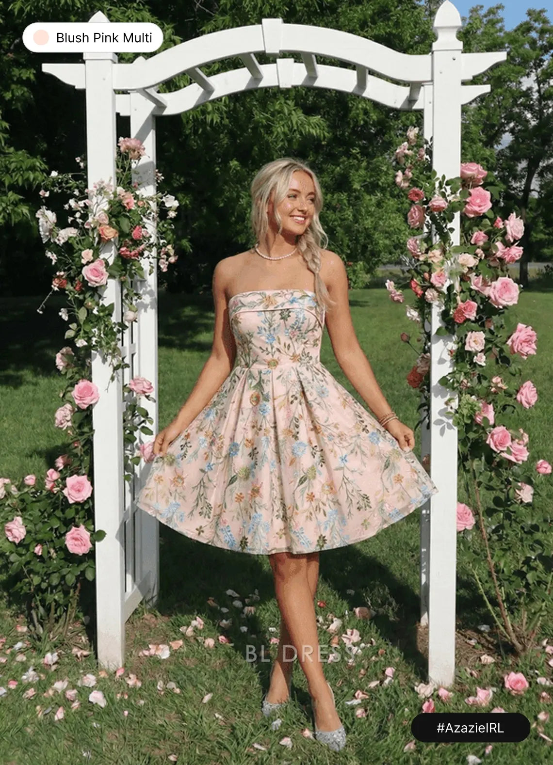 Elegant A-Line Strapless Embroidered Floral Blush Pink Multi Short Homecoming Dress Women's