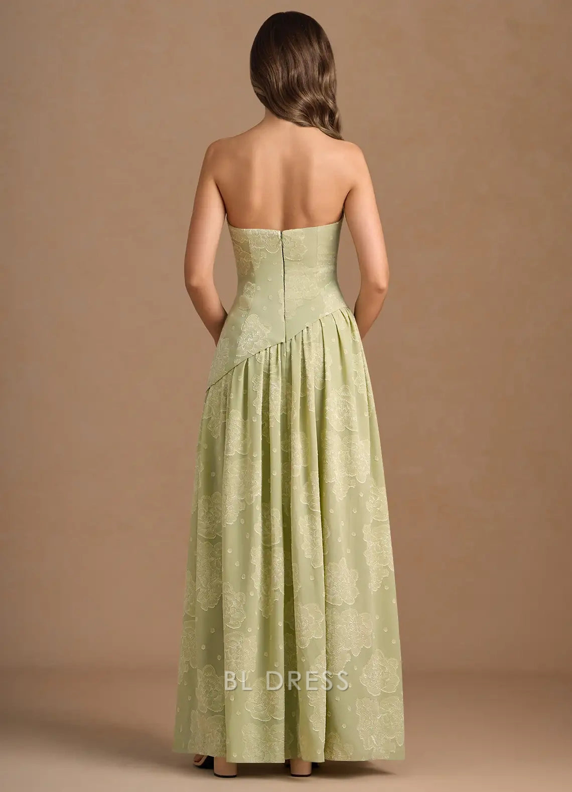 Elegant A-Line Strapless Embroidered Sage Green High Slit Floor-Length Prom Gown
