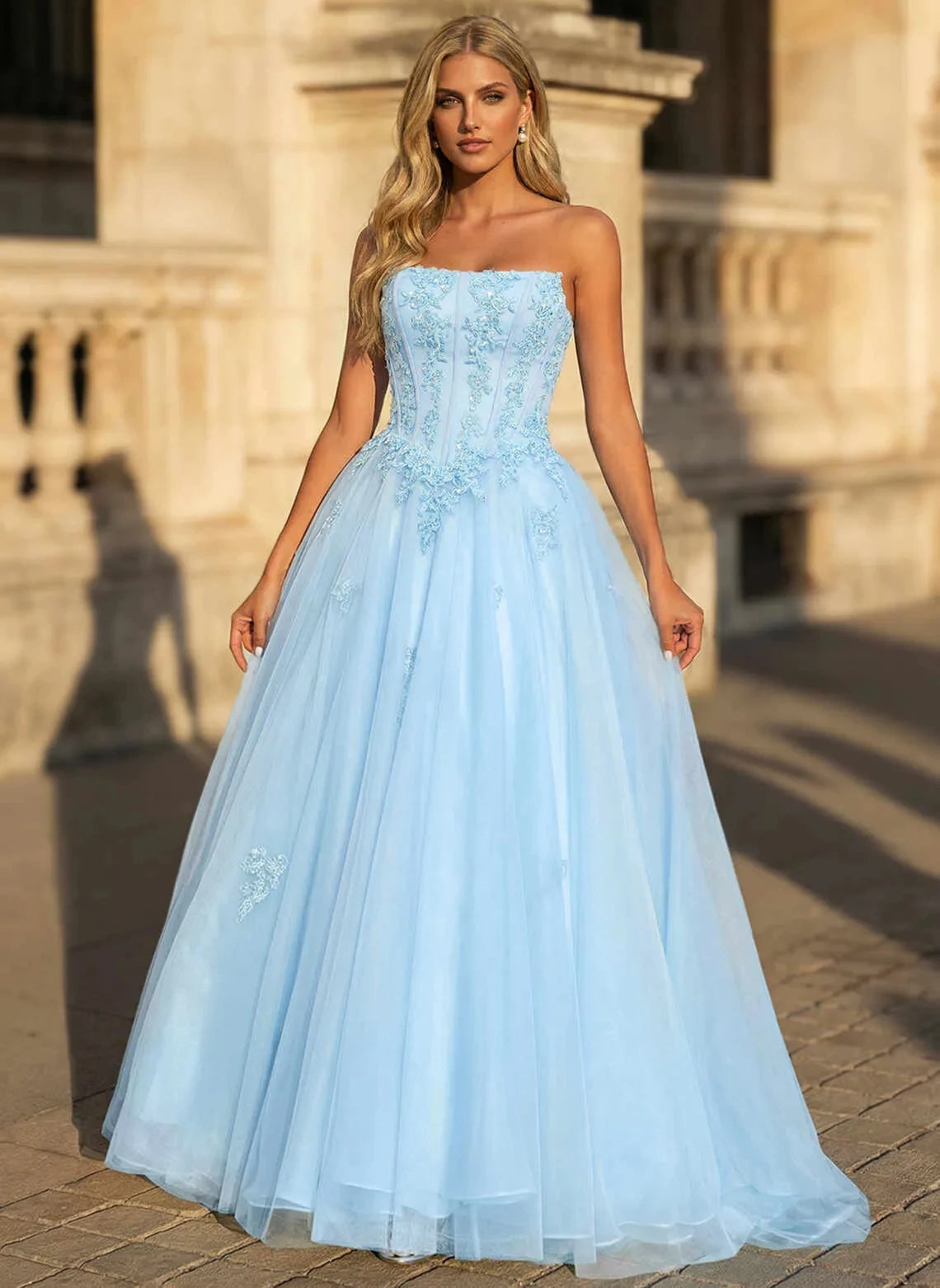 Elegant A-Line Strapless Embroidered Tulle Light Blue Floor-Length Prom Dress Gown