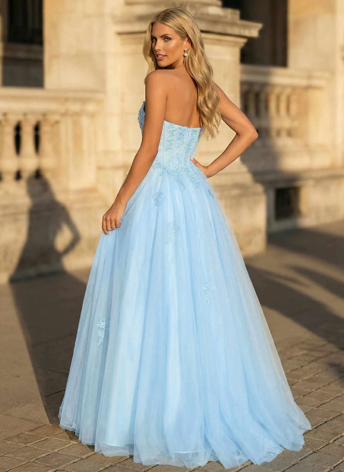 Elegant A-Line Strapless Embroidered Tulle Light Blue Floor-Length Prom Dress Gown