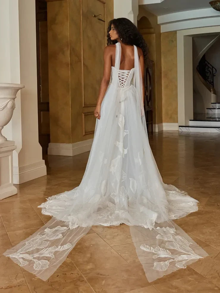Elegant A-Line Strapless Floral Applique White Floor-Length Wedding Gown