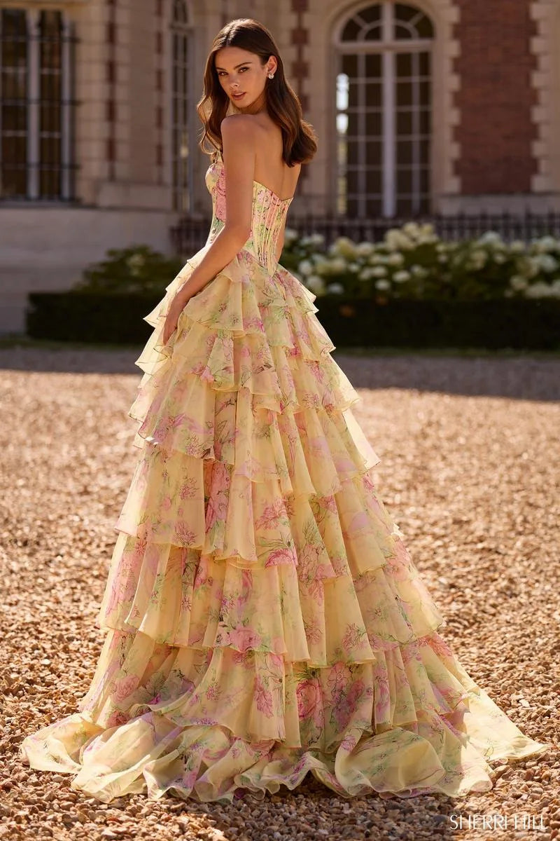 Elegant A-Line Strapless Floral Tiered High Slit Yellow Prom Dress Gown