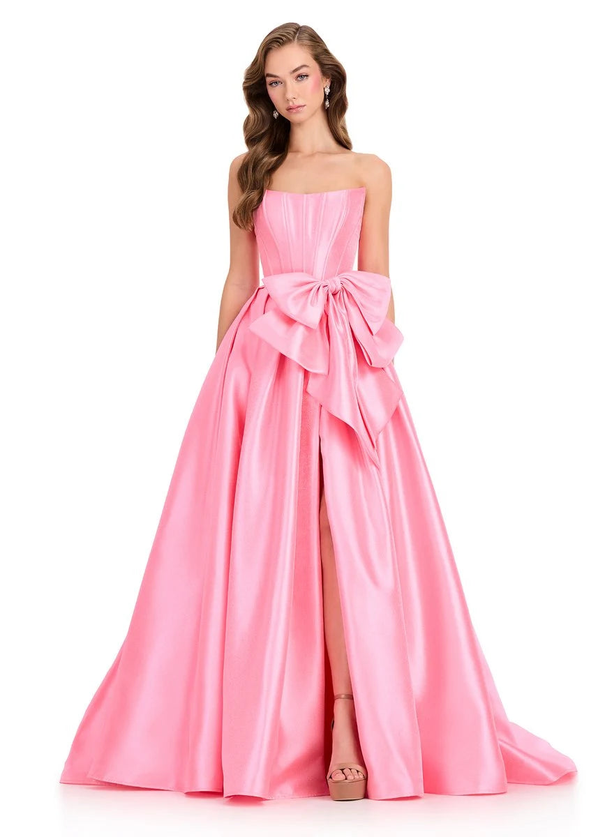 Elegant A-Line Strapless Glamorous Bow High Slit Pink Floor-Length Prom Dress