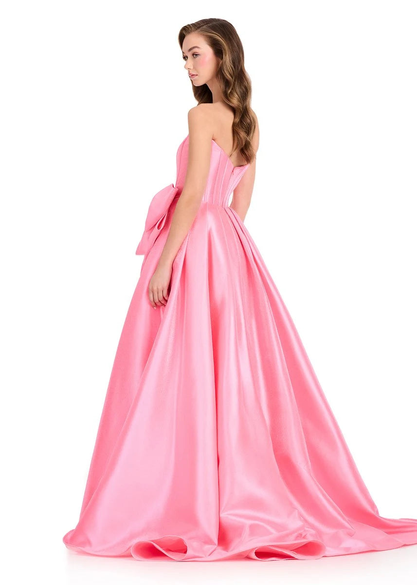 Elegant A-Line Strapless Glamorous Bow High Slit Pink Floor-Length Prom Dress