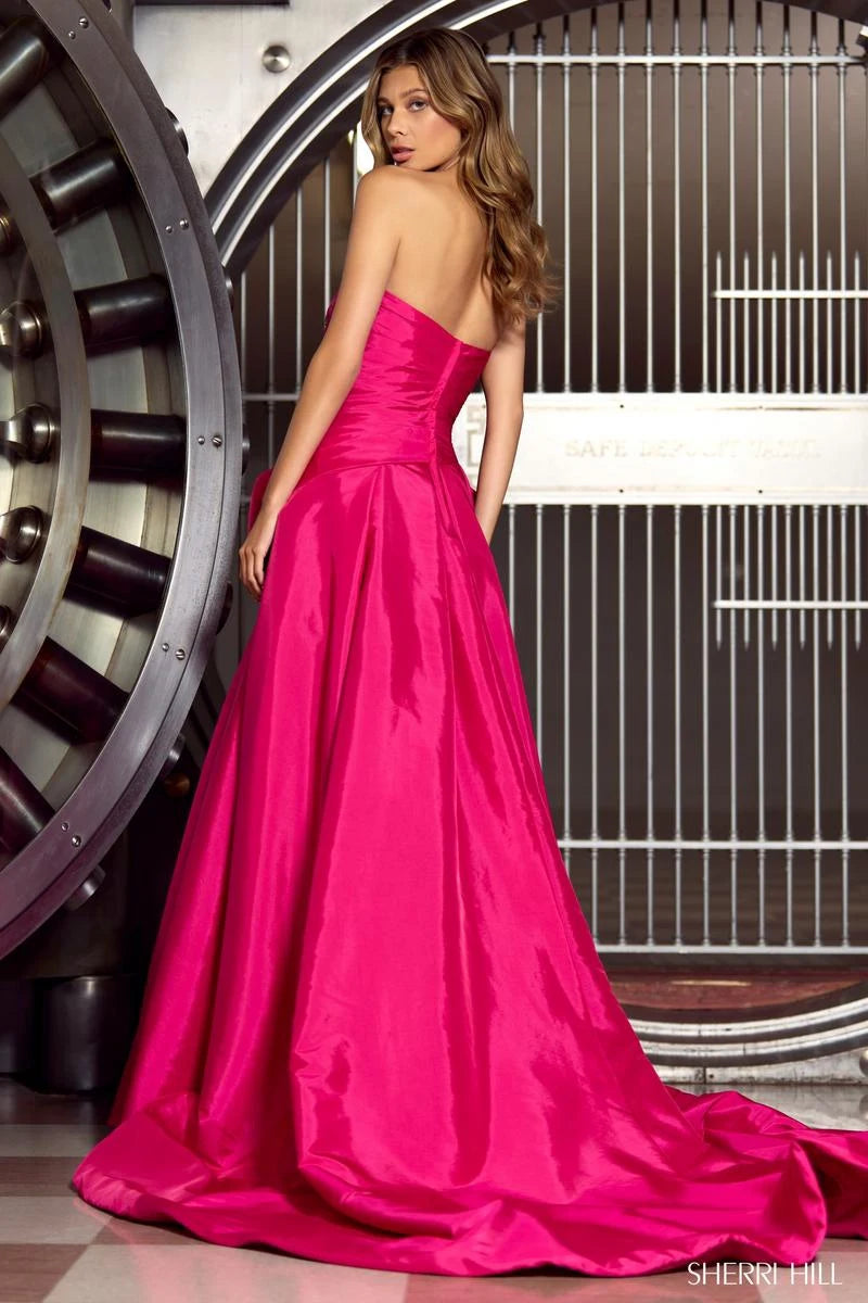 Elegant A-Line Strapless High Slit Bow Fuchsia Floor-Length Prom Dresses Gown