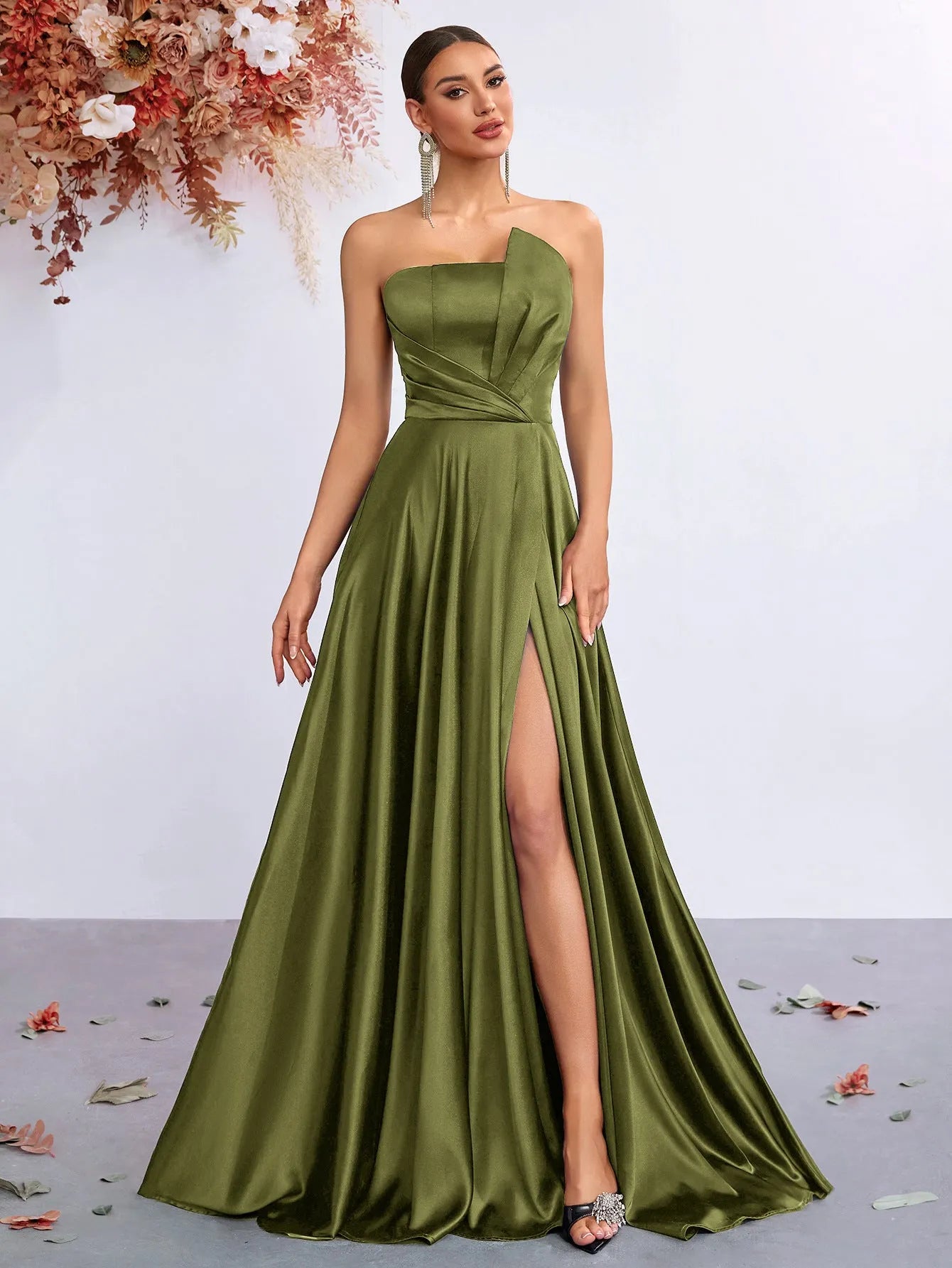 Elegant A-Line Strapless High Slit Olive Green Floor-Length Prom Dresses for Women