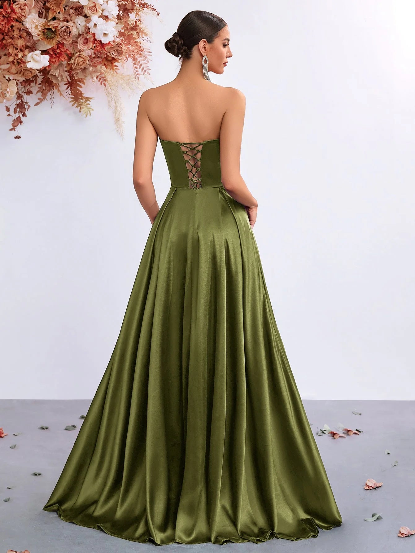 Elegant A-Line Strapless High Slit Olive Green Floor-Length Prom Dresses for Women