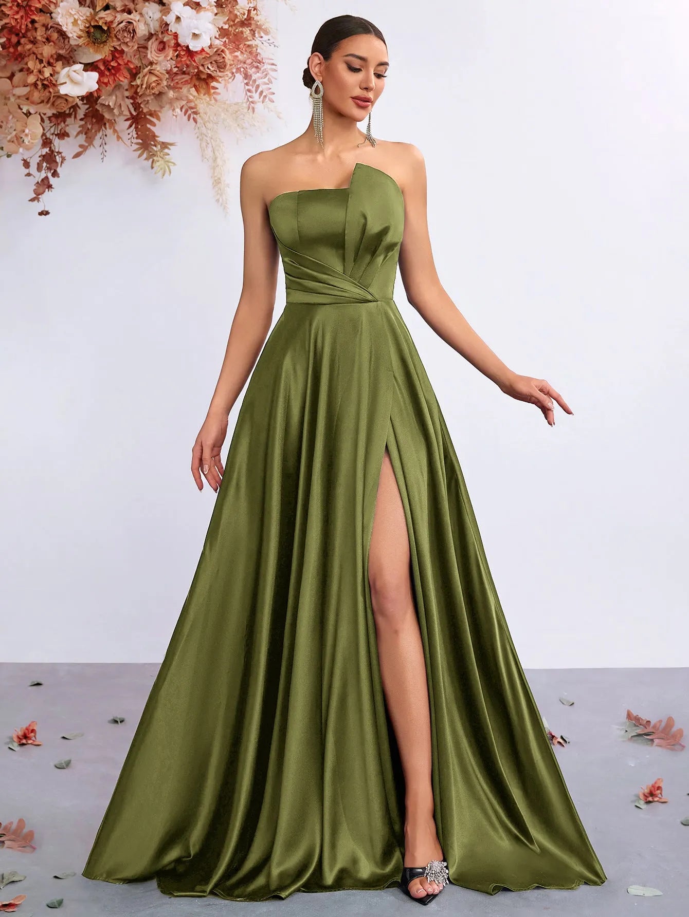 Elegant A-Line Strapless High Slit Olive Green Floor-Length Prom Dresses for Women