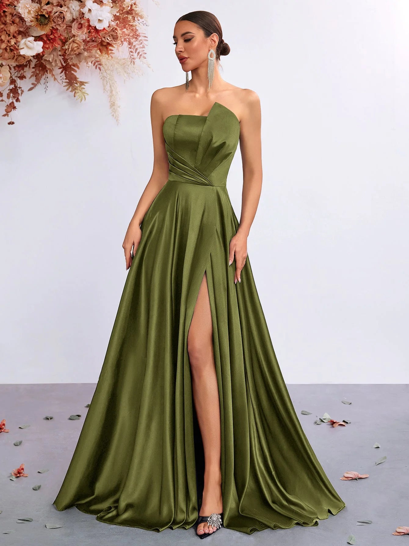 Elegant A-Line Strapless High Slit Olive Green Floor-Length Prom Dresses for Women