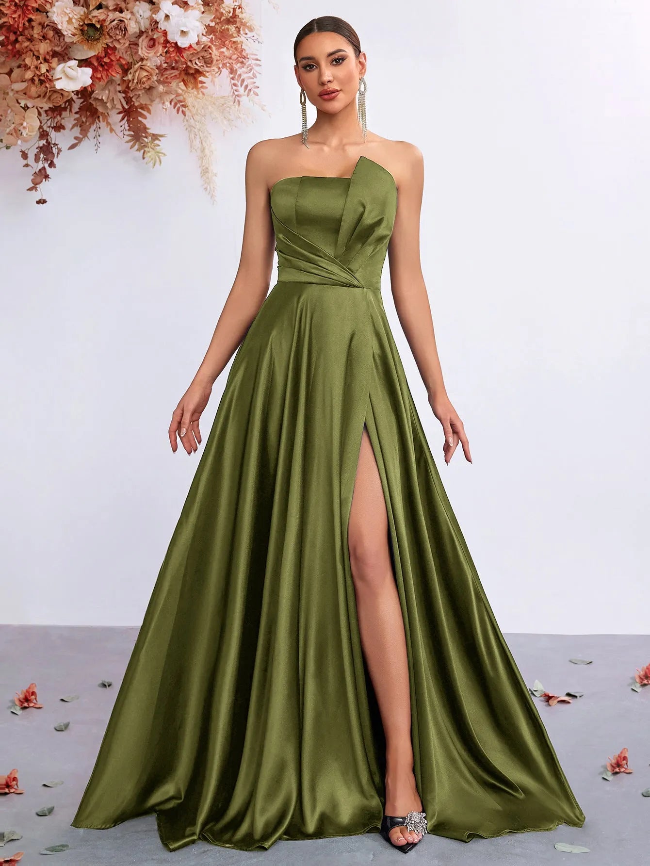 Elegant A-Line Strapless High Slit Olive Green Floor-Length Prom Dresses for Women