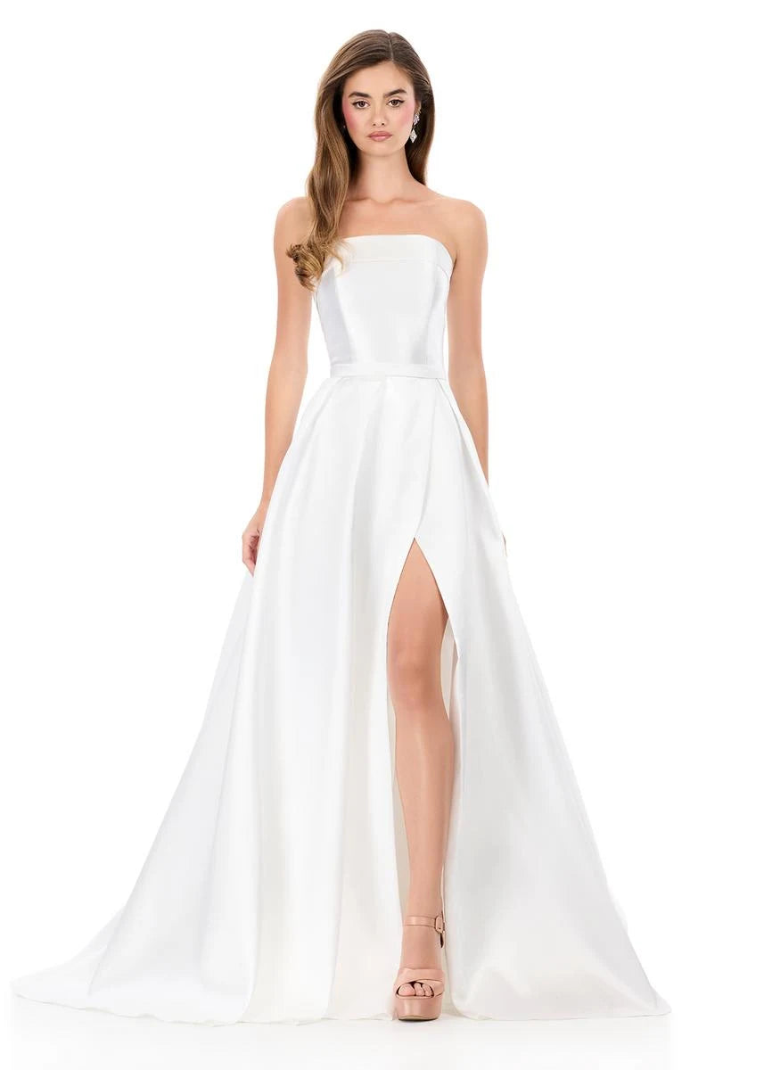 Elegant A-Line Strapless High Slit White Floor-Length Prom Dresses Gown