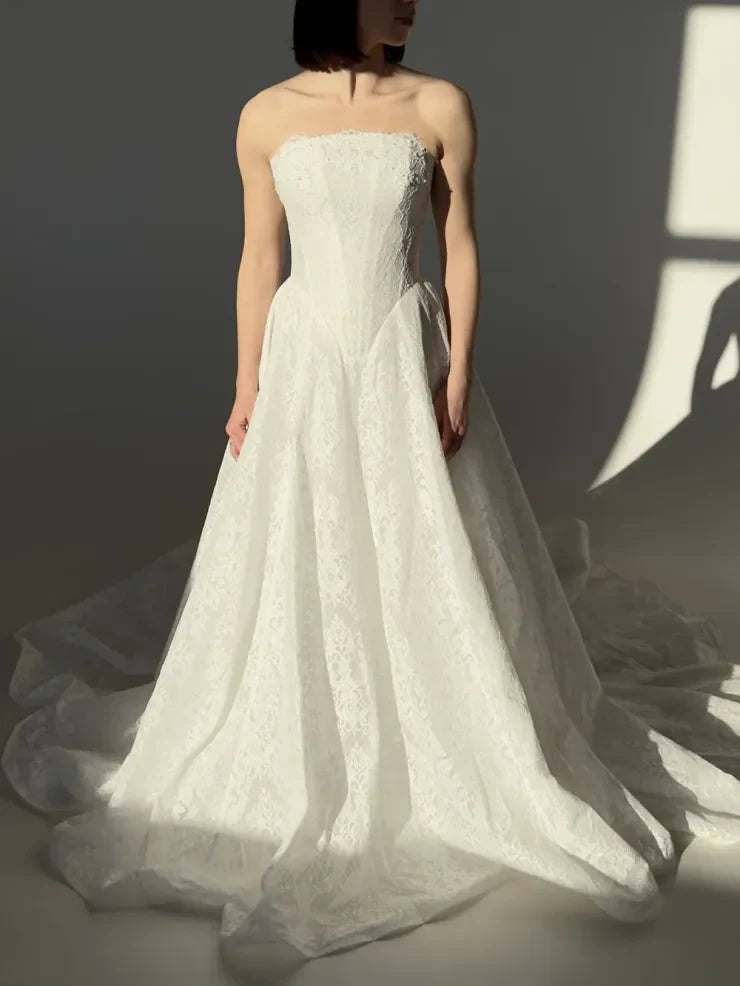 Elegant A-Line Strapless Lace Beaded White Floor-Length Wedding Gown