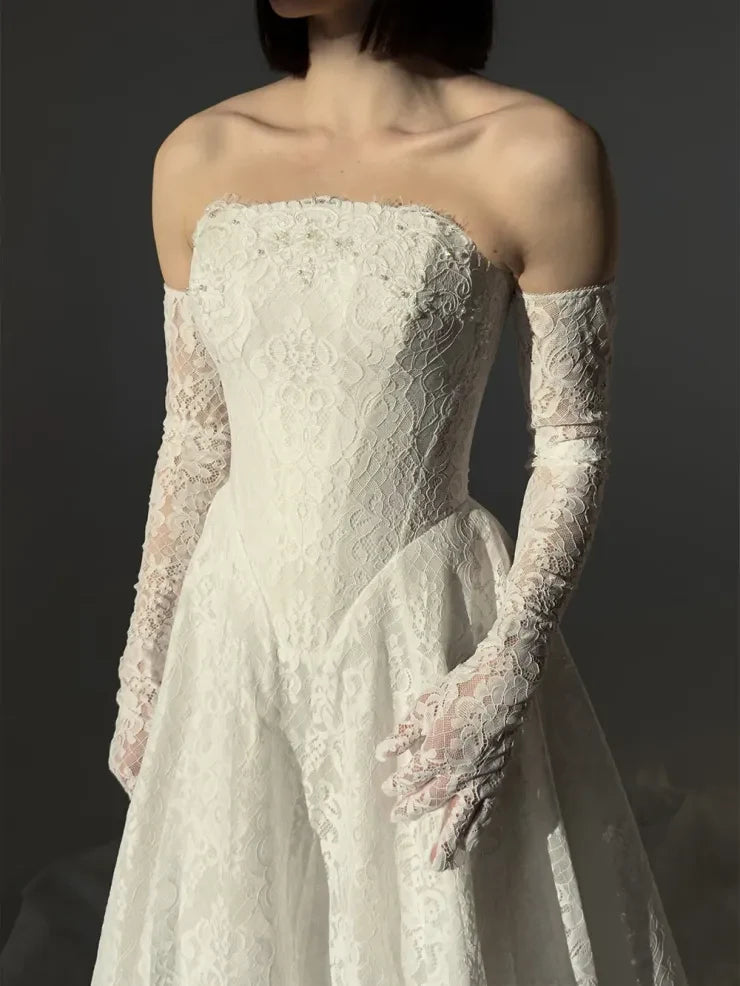 Elegant A-Line Strapless Lace Beaded White Floor-Length Wedding Gown