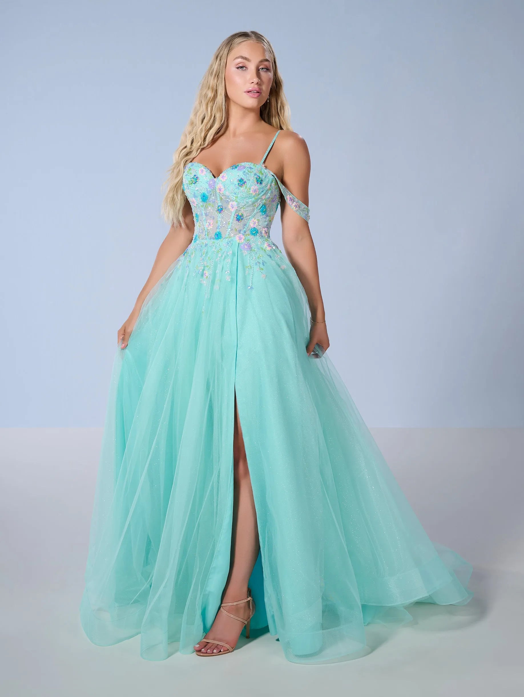 Elegant A-Line Strapless Off-Shoulder Floral Aqua Floor-Length Prom Gown