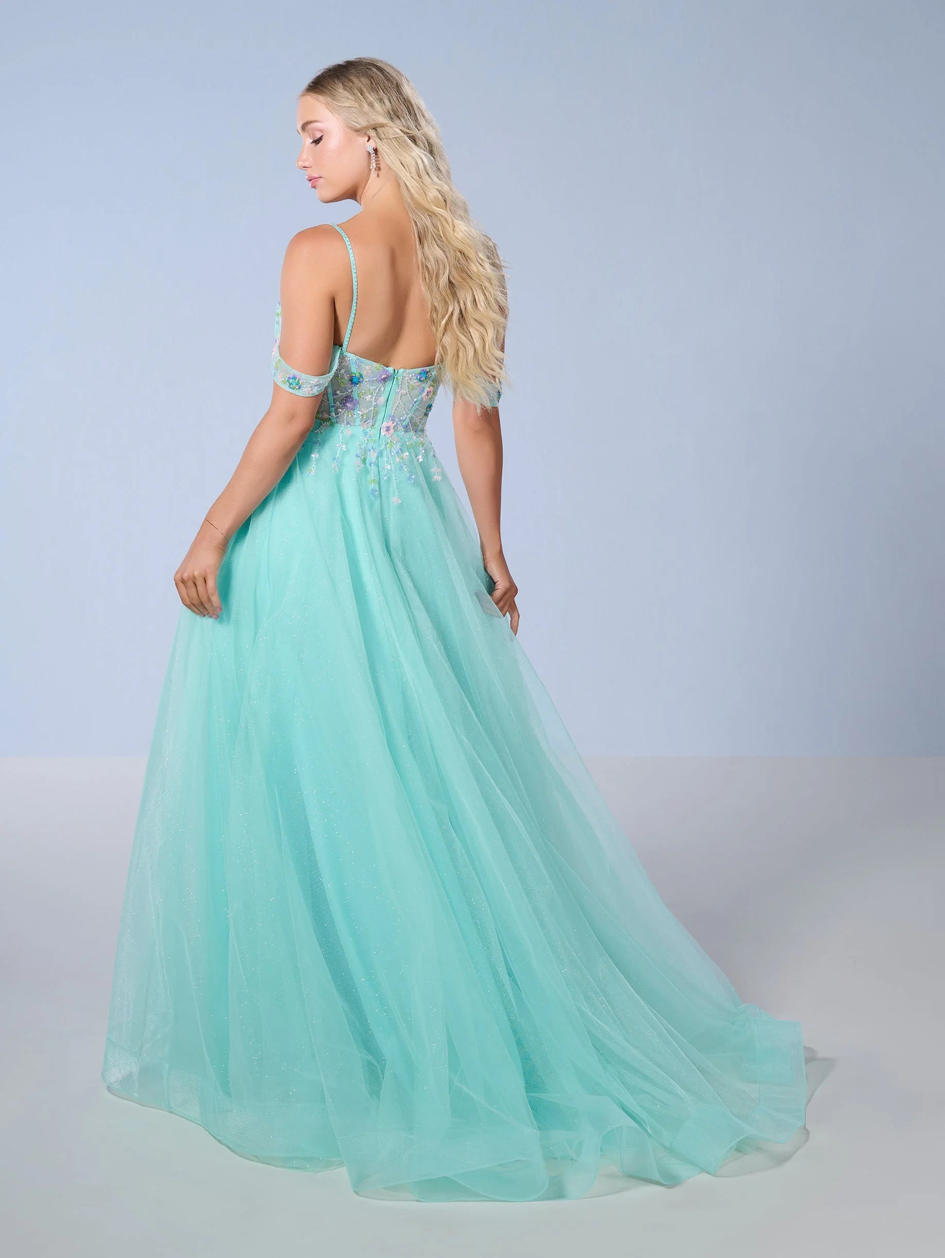 Elegant A-Line Strapless Off-Shoulder Floral Aqua Floor-Length Prom Gown