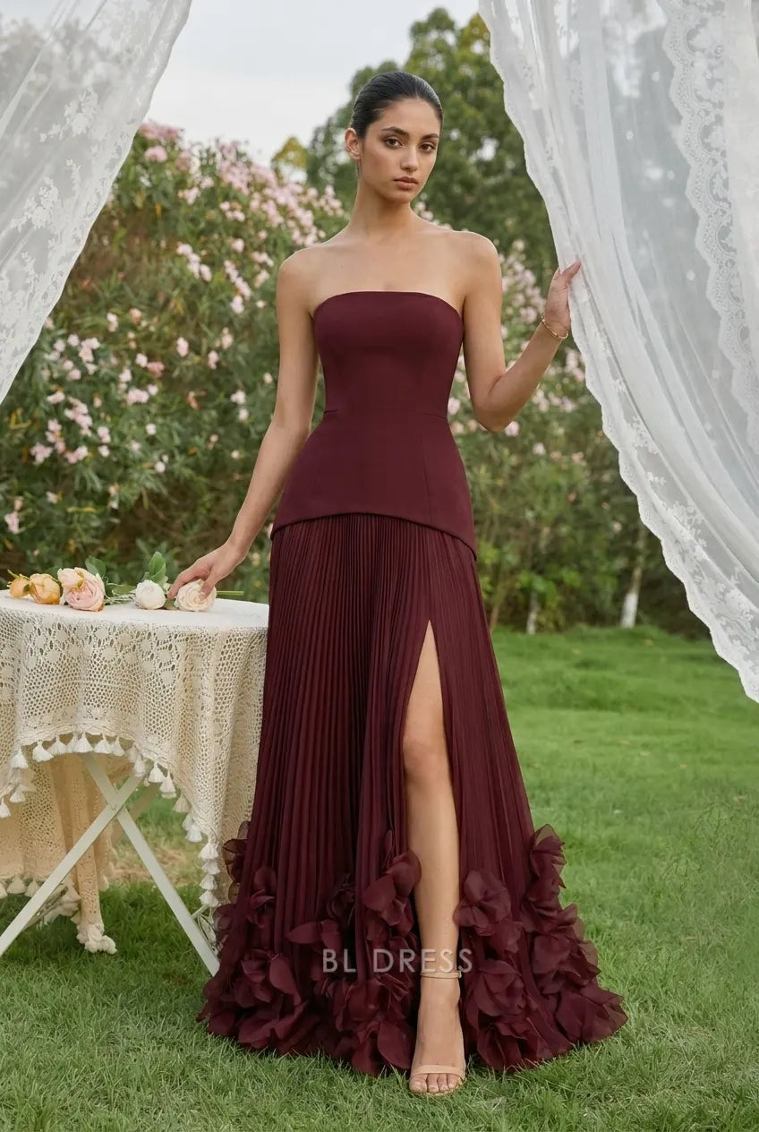 Elegant A-Line Strapless Pleated Corset-Back Burgundy Floor-Length Prom Dress