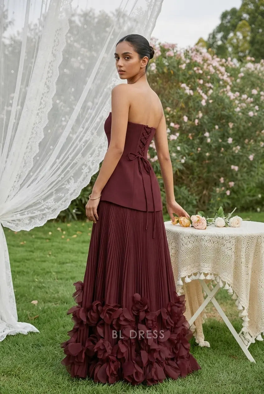 Elegant A-Line Strapless Pleated Corset-Back Burgundy Floor-Length Prom Dress
