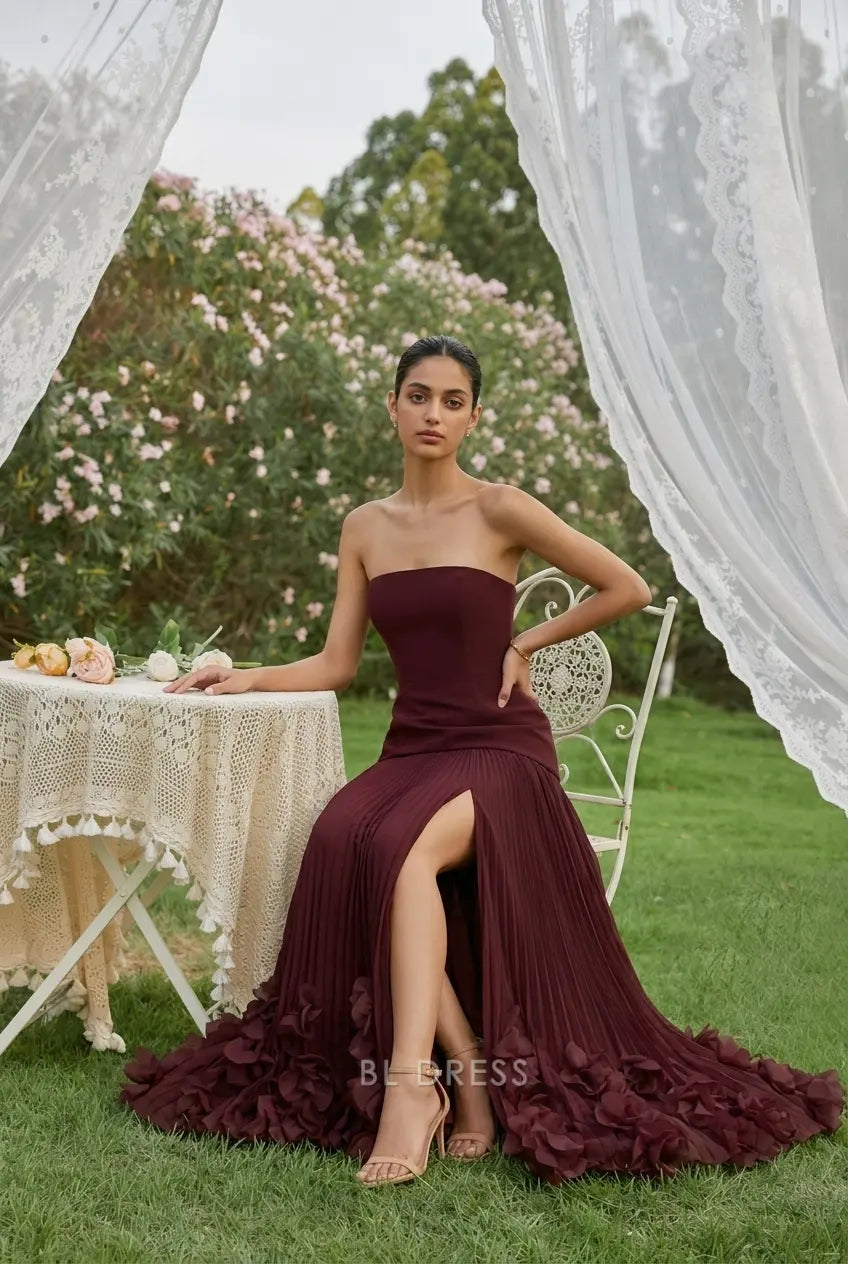 Elegant A-Line Strapless Pleated Corset-Back Burgundy Floor-Length Prom Dress