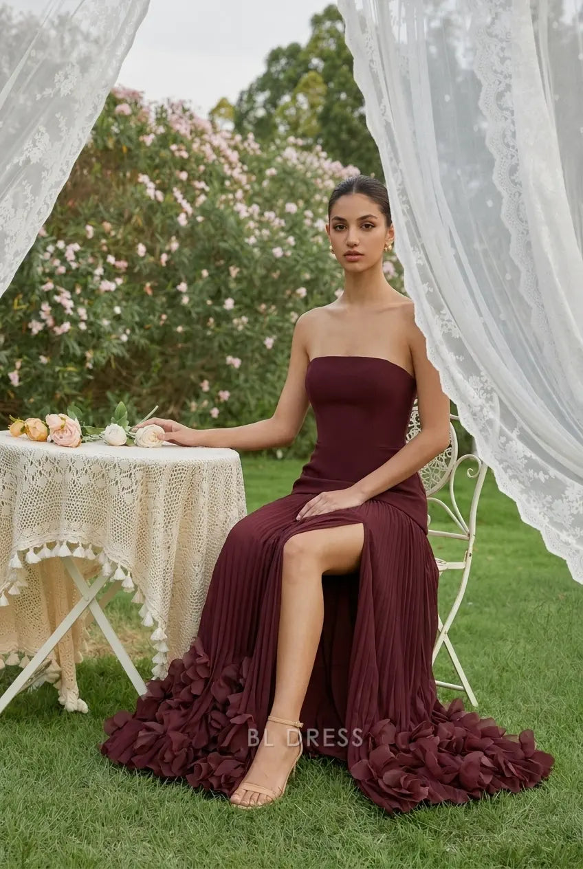 Elegant A-Line Strapless Pleated Corset-Back Burgundy Floor-Length Prom Dress