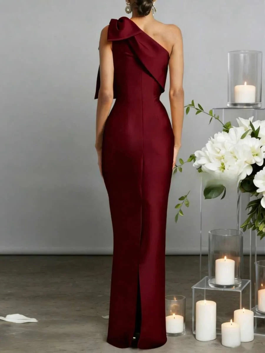 Elegant A-Line Strapless Pleated Floral Burgundy Floor-Length Prom Gown