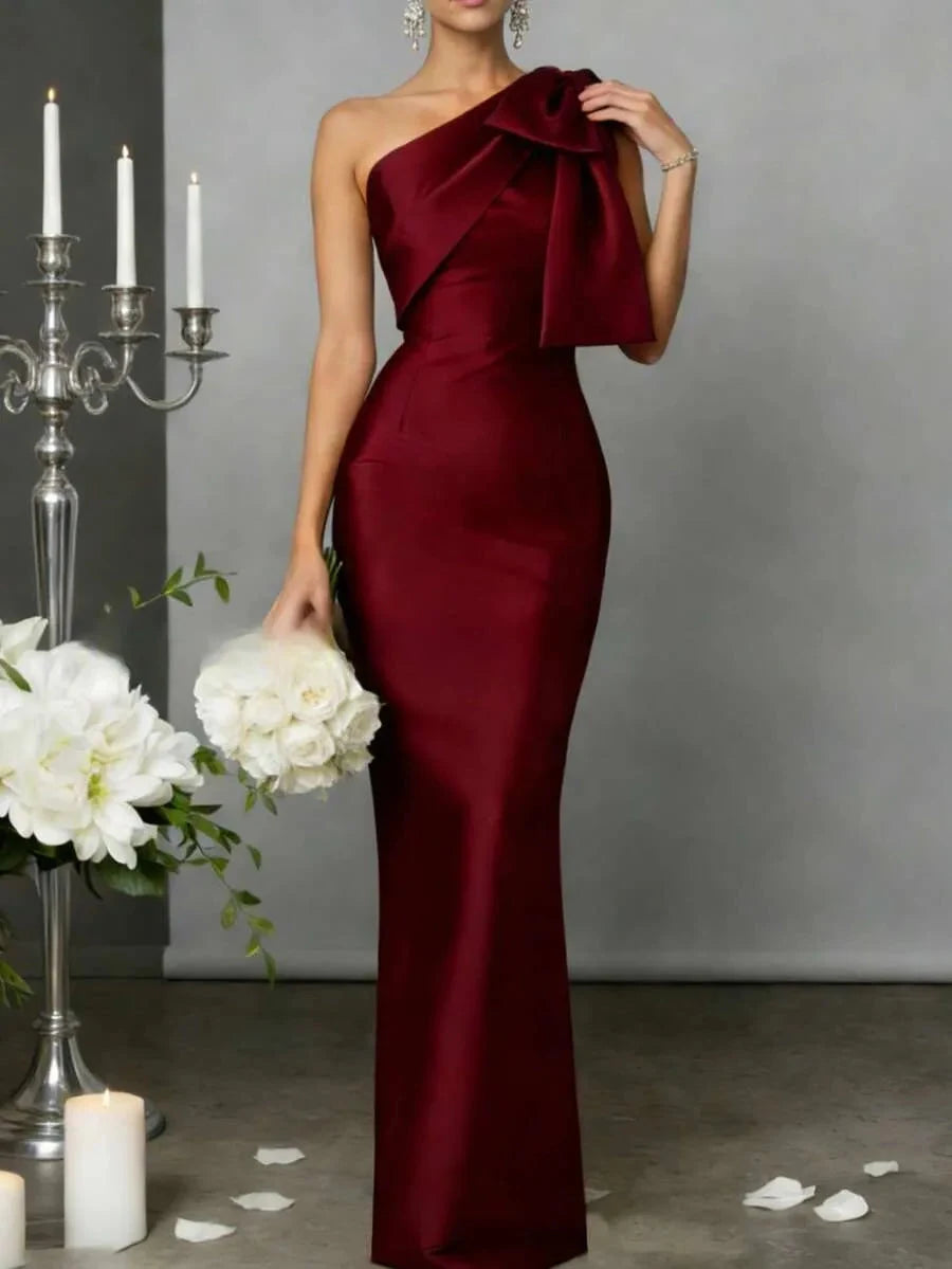 Elegant A-Line Strapless Pleated Floral Burgundy Floor-Length Prom Gown