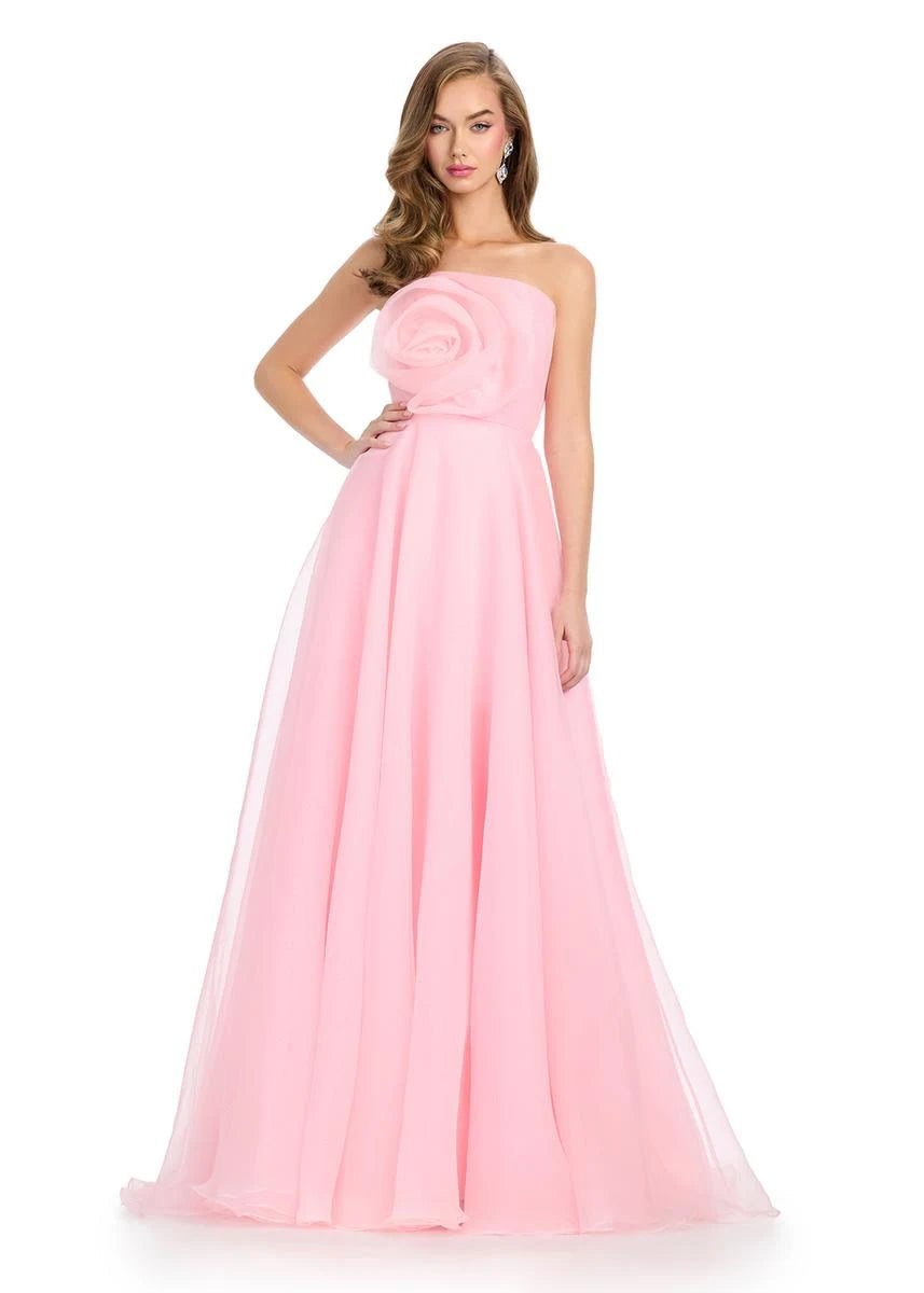 Elegant A-Line Strapless Rose Applique Flowy Pink Floor-Length Prom Dress Gown