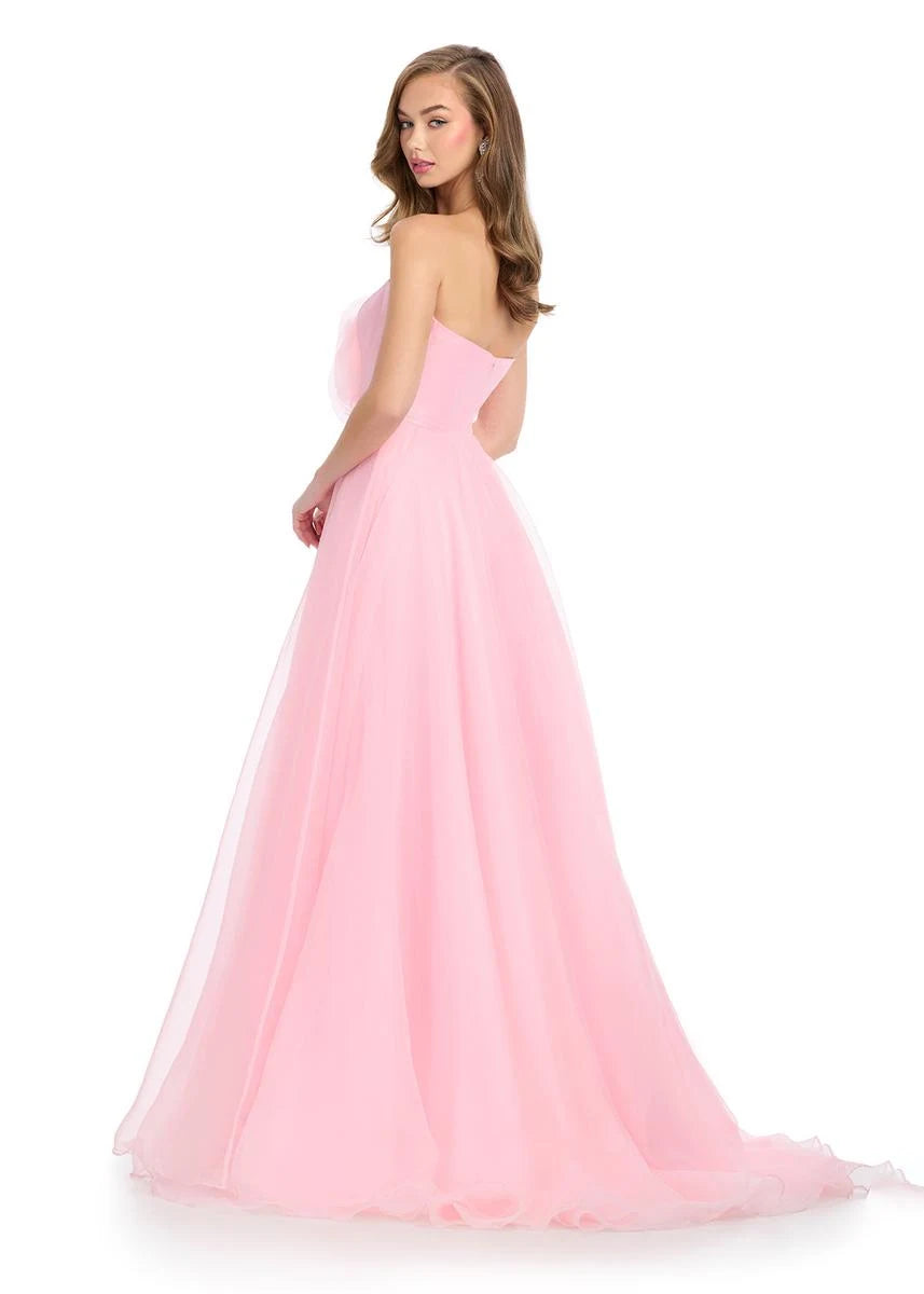 Elegant A-Line Strapless Rose Applique Flowy Pink Floor-Length Prom Dress Gown