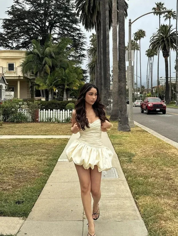 Elegant A-Line Strapless Ruched Bubble Cream Short Homecoming Dress for Women