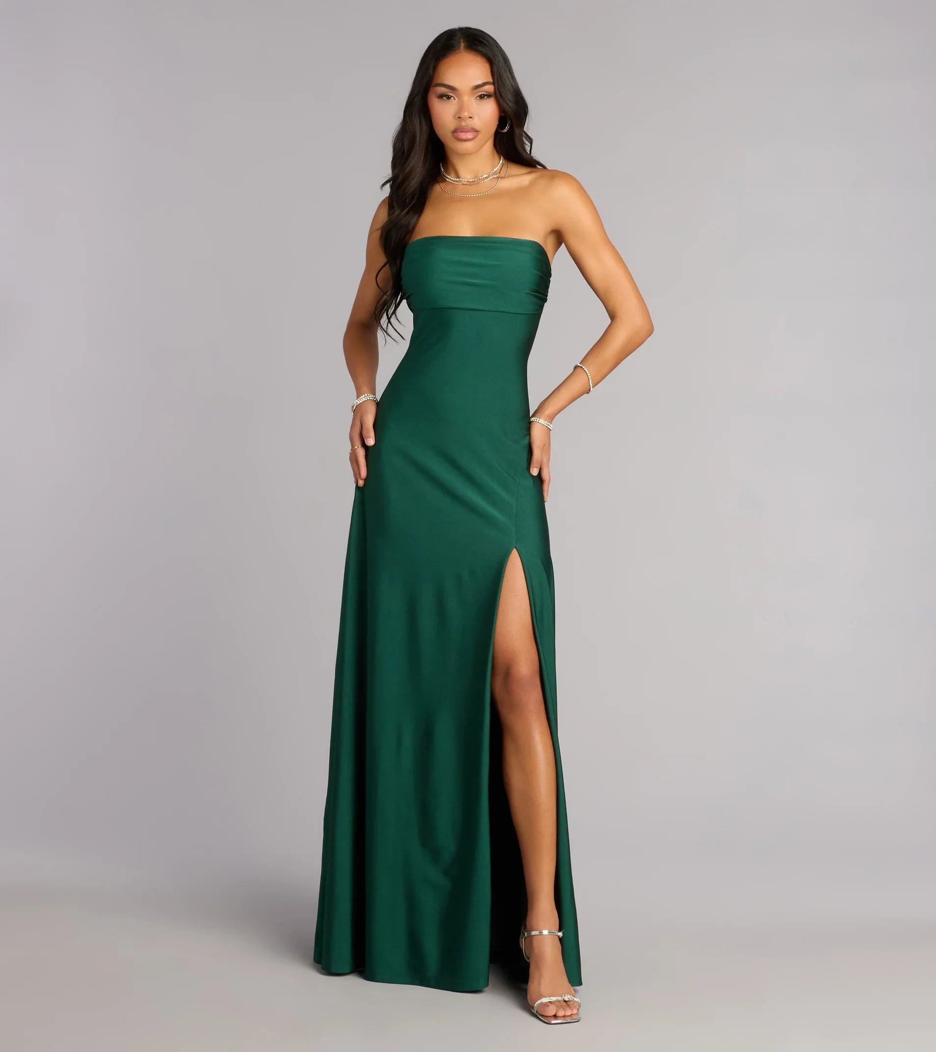 Elegant A-Line Strapless Ruched Slit Hunter Green Floor-Length Prom Dress Gown