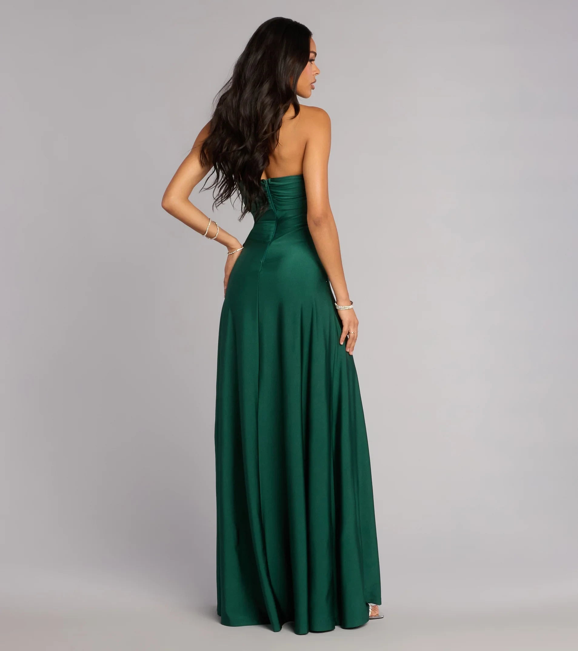 Elegant A-Line Strapless Ruched Slit Hunter Green Floor-Length Prom Dress Gown